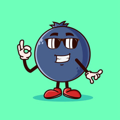 Cute Blueberry fruit character with eye glass and OK hand gesture. Fruit character icon concept isolated. flat cartoon style Premium Vector