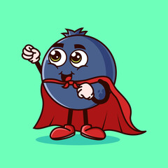 Cute Blueberry fruit character with Super hero costume and try to fly. Fruit character icon concept isolated. Emoji Sticker. flat cartoon style Vector