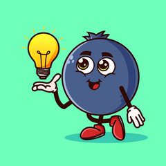 Cute Blueberry fruit character with light bulb Idea on hand. Fruit character icon concept isolated. Emoji Sticker. flat cartoon style Vector