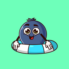 Cute Blueberry fruit character with swim ring float. Fruit summer icon concept isolated. flat cartoon style Premium Vector