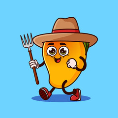 Cute Mango fruit Farmer character with pitchfork. Fruit character icon concept isolated. flat cartoon style Premium Vector