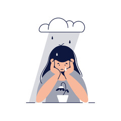 Depression, sadness, mental illness concept. Sad unhappy teenage girl feels sad, grieves sitting under rain cloud. Mental disorder, sorrow and depression. Flat vector illustration isolated on white - 439985850