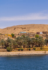 Vertical view of a traditional village on the Nile River near Edfu, Egypt