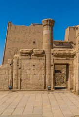 Vertical view of the entrance to the Temple of Edfu (Horus Temple) in Edfu, Egypt