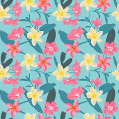 Seamless tropical pattern of purple oleander and plumeria flowers, green banana palm leaves.