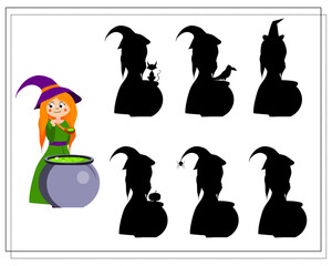 game for kids find the right shadow witch in the cauldron brews a potion, Halloween. vector