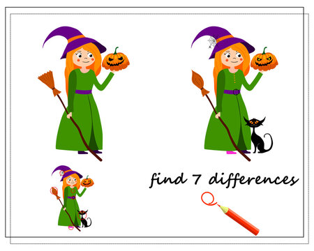 game for kids find the difference, cartoon witch with a broom and a pumpkin, Halloween. vector