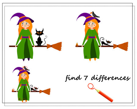 game for kids find the difference, cartoon witch sitting on a broomstick with a cat, Halloween. vector