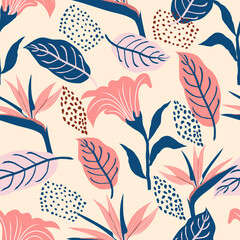Seamless pattern of abstract botanical floral tropical flowers and leaves vector illustration