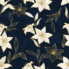 Seamless pattern of luxury golden floral tropical flowers and leaves vector illustration