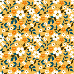 Seamless pattern of vintage floral tropical small flowers and leaves vector illustration