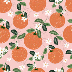 Seamless pattern of oranges fruits with tropical leaves and beautiful flowers vector illustration
