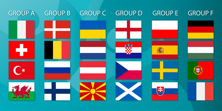 European football tournament qualification groups. Vector country flags.