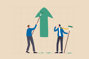 Business profit growth, improvement or career development, investment earning rising up or partnership to help grow business concept, businessman partner help painting growth green arrow graph. - obrazy, fototapety, plakaty
