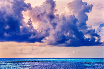 Colorful Large White Cloud Boat Blue Water Moorea Tahiti