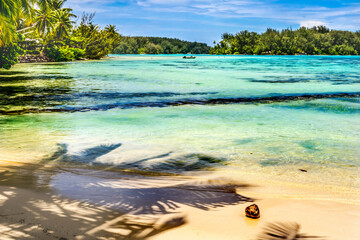 Colorful Hauru Point Palm Trees Islands Blue Water Moorea Tahiti