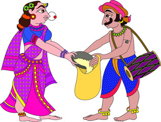 Village morning rituals. Nandi or bull owner go to every house for a donation. or collecting food as charity