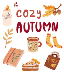 Cozy Autumn items. Herbal tea, pumpkin pie, jazz record, book, knitted socks, candle. Idea of coziness and comfortable lifestyle, winter and autumn mood. Hygge hand drawn vector illustration.