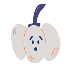 Surprised pumpkin face. Funny cute pumpkin character. Cartoon vegetarianism concept ..Design for shops, cafes and Halloween. Vector illustration..