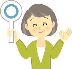 イラスト素材：おばあさんがニッコリ笑顔でOKのハンドサインと〇のパネルを持ち気持ちを表現する場面
