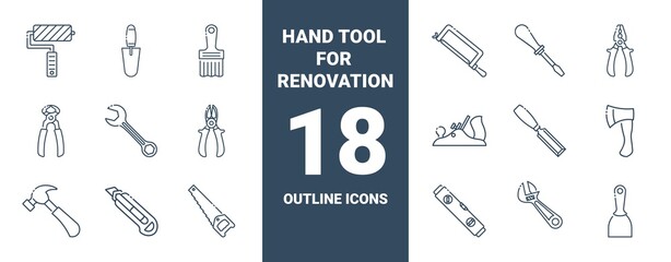 Outline icons collection of hand tools. Vector monochrome illustrations isolated on white background. Hand construction tool for renovation work.
