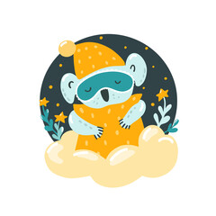 Cute sleeping koala on a cloud with a pillow. Good night. Childrens room decor. The sticker. Print on pajamas. Vector illustration.