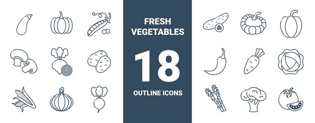 Outline icons collection of fresh vegetables. Vector monochrome illustrations isolated on white background. Healthy food concept.
