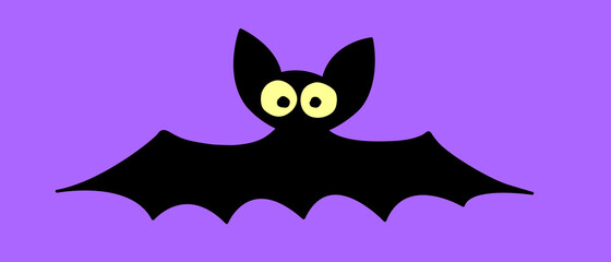 Cute bat with glowing eyes drawn in cartoon flat style. Vector black silhouette isolated. For halloween design, greeting card