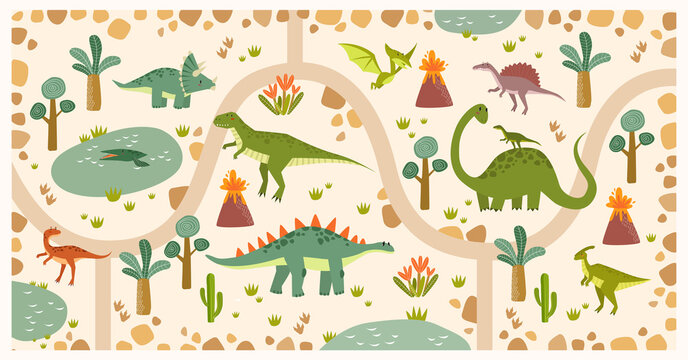 Tropical maze with dinosaurs in a jurassic park. Cartoon dinosaurs. Road in jurassic park. Game for children. Children's play mat. tyrannosaurus, pterodactyl, brachiosaurus, tricerathorps
