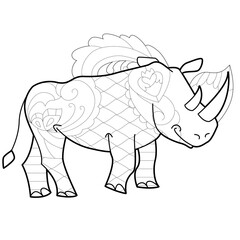 Contour linear illustration with animal for coloring book. Cute rhino, anti stress picture. Line art design for adult or kids  in zentangle style and coloring page.