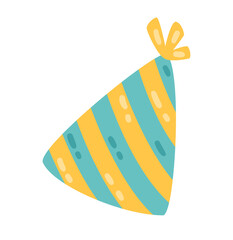 Party hat with stripes. Accessory symbol of the birthday. Holiday cap. Vector objects isolated on white background. Flat design.