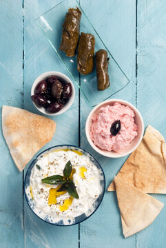 Greek meze - dolmadakia, taramas, tzatziki, pita