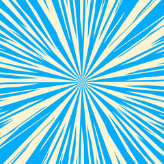 Pop art radial colorful comics book magazine cover. Striped blue digital background. Cartoon funny retro pattern strip mock up. Vector halftone illustration. Sunburst, starburst shape