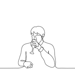 man sitting at a table or a bar counter drinks from a glass of wine - one line drawing. male taster, alcoholic, wine gourmet, winemaker trying his products,