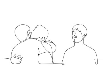 man stands aside from a pair of hugging men, he envies them and feels lonely - one line drawing. concept of quarreling with friends, missing loved ones, being an outsider, envy of other people