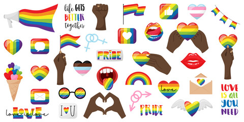 A large set of stickers on the theme of pride month, LGBTQ. Lips, black hand holding flag, heart, glasses, lettering, mouthpiece, fist. LGBT rainbow.Vector illustration isolated on a white background. - obrazy, fototapety, plakaty
