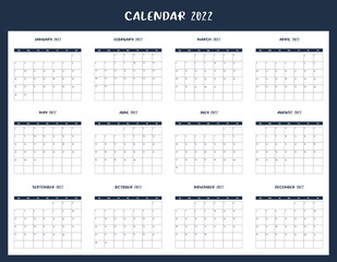 Calendar for 2022. The week starts on Sunday. All months. Calendar template design. Vector.