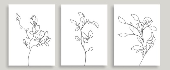 Abstract Flowers Line Art Prints Set. Modern Minimalist Single Line Art, Flowers, Aesthetic Contour. Great for Poster, Prints, t-shirt, Wall Art, Logo, Banner. Set of 3 Creative Minimalist Prints.
