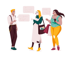 Set of multiethnic people talking or speaking. Collection of chatting couples with speech bubbles. Men and women meeting. Dialogues between characters. Flat vector illustration isolated on white