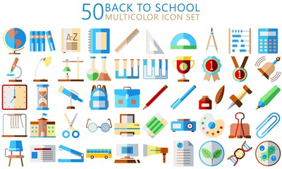 Simple Set of Back to School Vector multi color icons. Contains such Icons as school bag, book, chemistry. chemical, mathematics and others. 512x512 pixel EPS 10 ready convert to SVG