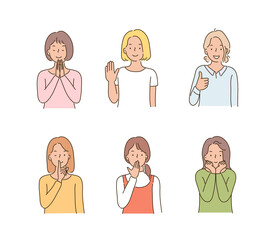 Women making various hand gestures. hand drawn style vector design illustrations. 