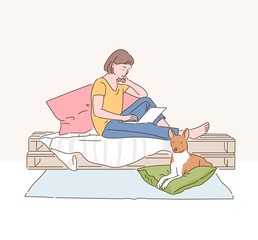 A woman is reading a book on her bed and a dog is sitting under it. hand drawn style vector design illustrations. 