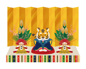 虎 金屏風 年賀状 イラストベクター素材