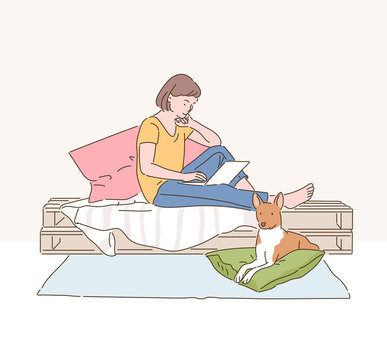 A Woman Is Reading A Book On Her Bed And A Dog Is Sitting Under It. Hand Drawn Style Vector Design Illustrations. 