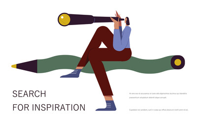 Woman designer flying on pencil. Creative or educational process banner, ad, landing page or poster for web design studio, startup or courses. Generating ideas, imagination, inspiration concept.