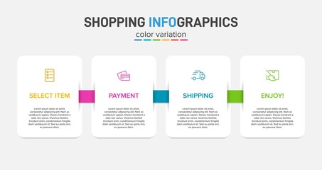 Concept of shopping process with 4 successive steps. Four colorful graphic elements. Timeline design for brochure, presentation, web site. Infographic design layout.
