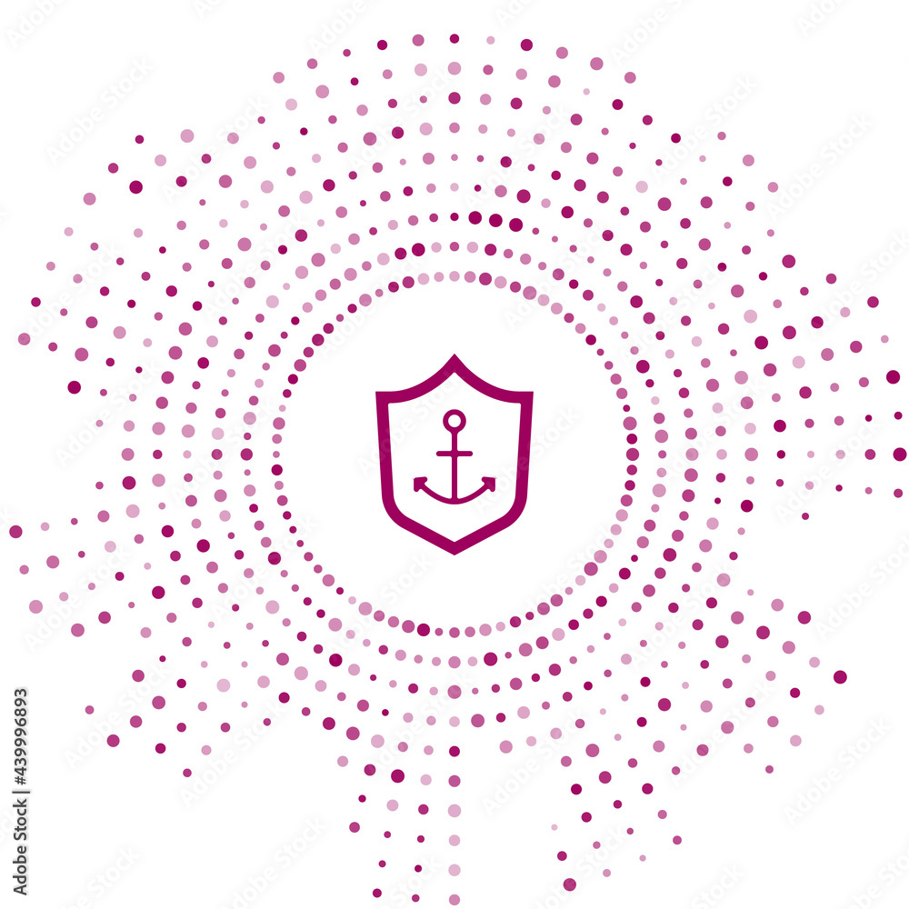 Poster Purple Anchor inside shield icon isolated on white background. Abstract circle random dots. Vector