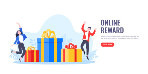 Fototapeta na wymiar Earn loyalty program points, get online reward and gifts. Get loyalty card and customer service business concept flat design vector illustration. Tiny people with big gift boxes.