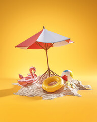 Summer Vacation Concept. Beach Umbrella Yellow Backdground 3D Rendering