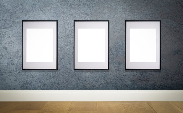 Mock up poster frame in interior wall. White frame for poster or photo image on concrete wall in home room or office interior